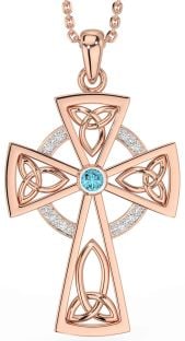 Diamond Aquamarine Rose Gold Silver Celtic Cross Necklace