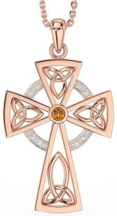 Diamond Citrine Rose Gold Silver Celtic Cross Necklace