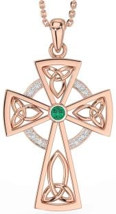 Diamond Emerald Rose Gold Silver Celtic Cross Necklace