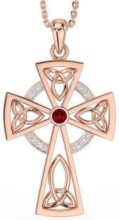 Diamond Garnet Rose Gold Silver Celtic Cross Necklace