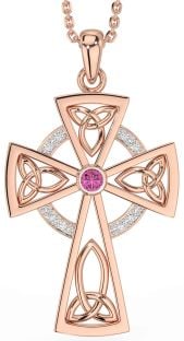 Diamond Pink Tourmaline Rose Gold Silver Celtic Cross Necklace