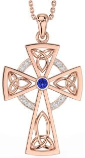 Diamond Sapphire Rose Gold Silver Celtic Cross Necklace