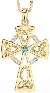 Diamond Aquamarine Gold Silver Celtic Cross Necklace