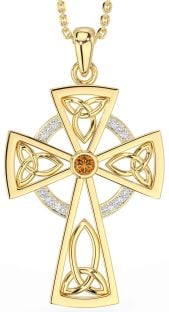 Diamond Citrine Gold Silver Celtic Cross Necklace