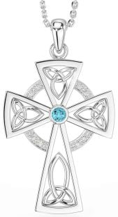 Diamond Aquamarine Silver Celtic Cross Necklace