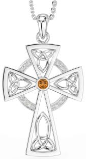 Diamond Citrine Silver Celtic Cross Necklace