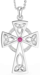 Diamond Pink Tourmaline Silver Celtic Cross Necklace