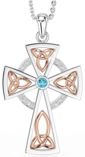 Diamond Aquamarine White Rose Gold Celtic Cross Necklace