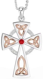 Diamond Ruby White Rose Gold Celtic Cross Necklace