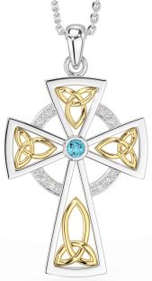 Diamond Aquamarine White Yellow Gold Celtic Cross Necklace