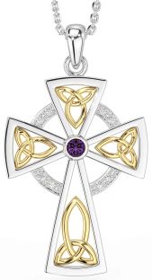 Diamond Alexandrite White Yellow Gold Celtic Cross Necklace