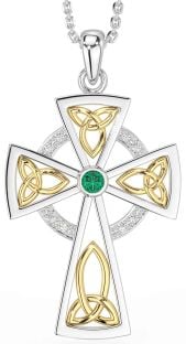 Diamond Emerald White Yellow Gold Celtic Cross Necklace