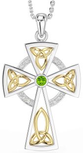 Diamond Peridot White Yellow Gold Celtic Cross Necklace