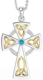 Diamond Topaz White Yellow Gold Celtic Cross Necklace