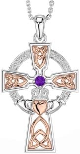 Diamond Amethyst Rose Gold Silver Claddagh Celtic Cross Necklace