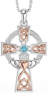 Diamond Aquamarine Rose Gold Silver Claddagh Celtic Cross Necklace