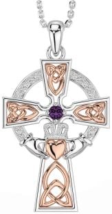 Diamond Alexandrite Rose Gold Silver Claddagh Celtic Cross Necklace