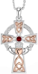 Diamond Garnet Rose Gold Silver Claddagh Celtic Cross Necklace