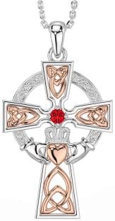 Diamond Ruby Rose Gold Silver Claddagh Celtic Cross Necklace