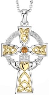 Diamond Citrine Gold Silver Claddagh Celtic Cross Necklace