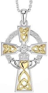 Diamond Gold Silver Claddagh Celtic Cross Necklace