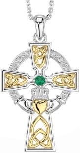 Diamond Emerald Gold Silver Claddagh Celtic Cross Necklace