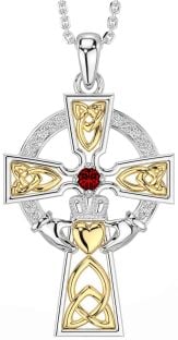 Diamond Garnet Gold Silver Claddagh Celtic Cross Necklace