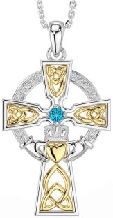 Diamond Topaz Gold Silver Claddagh Celtic Cross Necklace