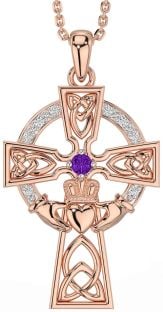 Diamond Amethyst Rose Gold Silver Claddagh Celtic Cross Necklace