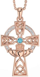 Diamond Aquamarine Rose Gold Silver Claddagh Celtic Cross Necklace