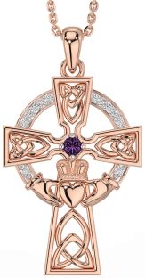 Diamond Alexandrite Rose Gold Silver Claddagh Celtic Cross Necklace