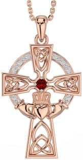 Diamond Garnet Rose Gold Silver Claddagh Celtic Cross Necklace