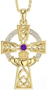 Diamond Amethyst Gold Silver Claddagh Celtic Cross Necklace