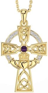 Diamond Alexandrite Gold Silver Claddagh Celtic Cross Necklace