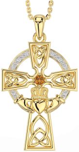 Diamond Citrine Gold Silver Claddagh Celtic Cross Necklace