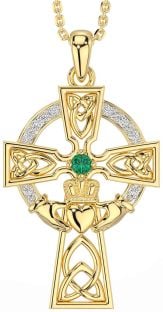 Diamond Emerald Gold Silver Claddagh Celtic Cross Necklace
