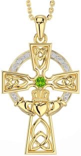 Diamond Peridot Gold Silver Claddagh Celtic Cross Necklace