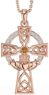 Diamond Citrine Rose Gold Claddagh Celtic Cross Necklace