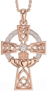 Diamond Rose Gold Claddagh Celtic Cross Necklace