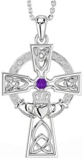 Diamond Amethyst Silver Claddagh Celtic Cross Necklace