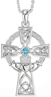 Diamond Aquamarine Silver Claddagh Celtic Cross Necklace