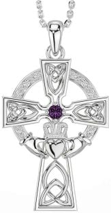 Diamond Alexandrite Silver Claddagh Celtic Cross Necklace