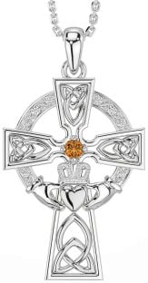 Diamond Citrine Silver Claddagh Celtic Cross Necklace