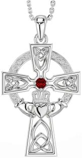 Diamond Garnet Silver Claddagh Celtic Cross Necklace