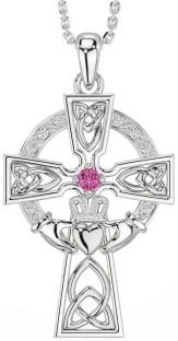 Diamond Pink Tourmaline Silver Claddagh Celtic Cross Necklace