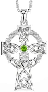 Diamond Peridot Silver Claddagh Celtic Cross Necklace