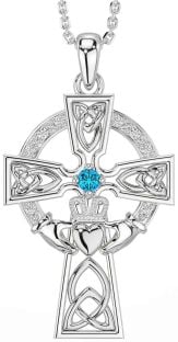 Diamond Topaz Silver Claddagh Celtic Cross Necklace