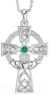 Diamond Emerald White Gold Claddagh Celtic Cross Necklace