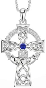 Diamond Sapphire White Gold Claddagh Celtic Cross Necklace