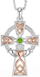 Diamond Peridot White Rose Gold Claddagh Celtic Cross Necklace